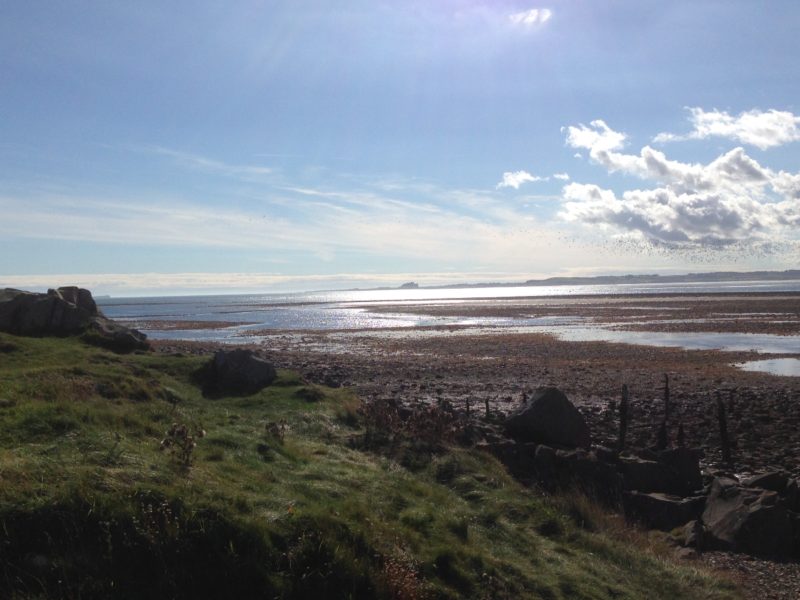 The view from Lindisfarne across the bay to Bamburgh Castle